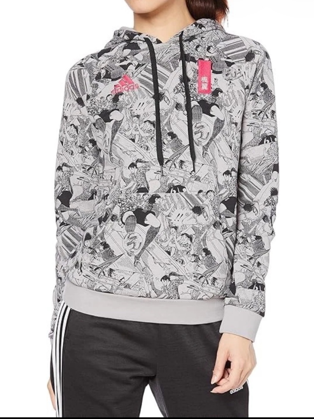 Adidas CAPTAIN TSUBASA Womens Small Hoodie Sweatshirt Gray Comic Print Cotton